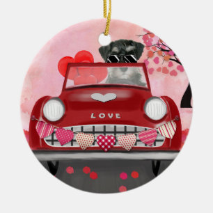 Schnauzer Dog Car with Hearts Valentine's Ceramic Tree Decoration