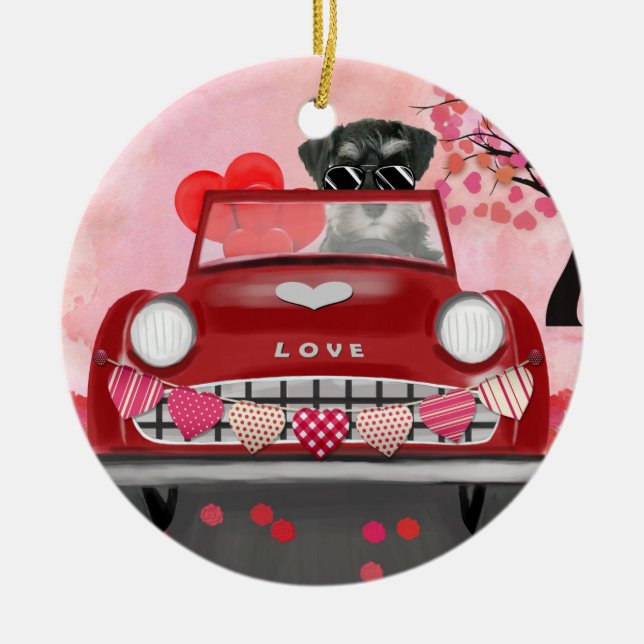 Schnauzer Dog Car with Hearts Valentine's  Ceramic Tree Decoration (Front)