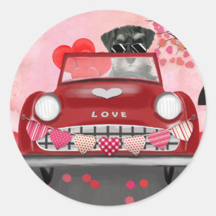 Schnauzer Dog Car with Hearts Valentine's  Classic Round Sticker