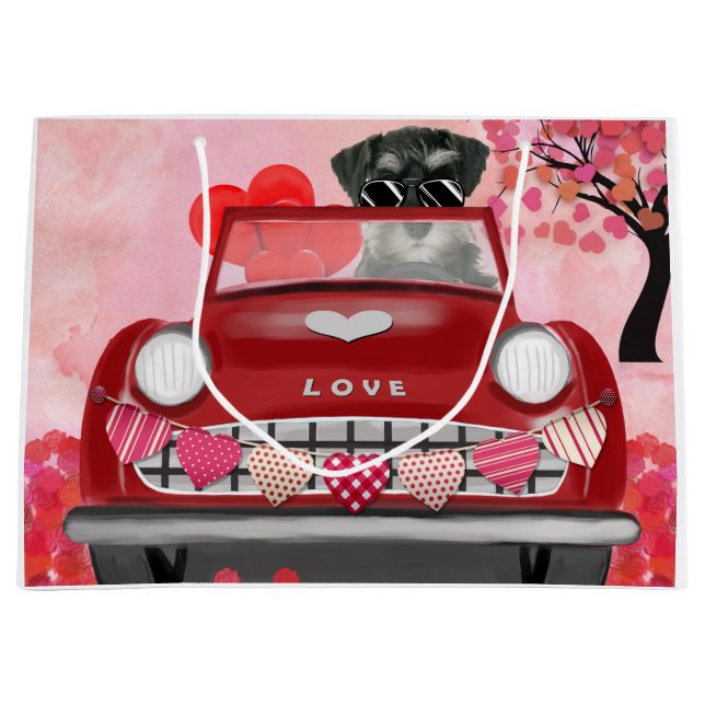Schnauzer Dog Car with Hearts Valentine's  Large Gift Bag (Front)