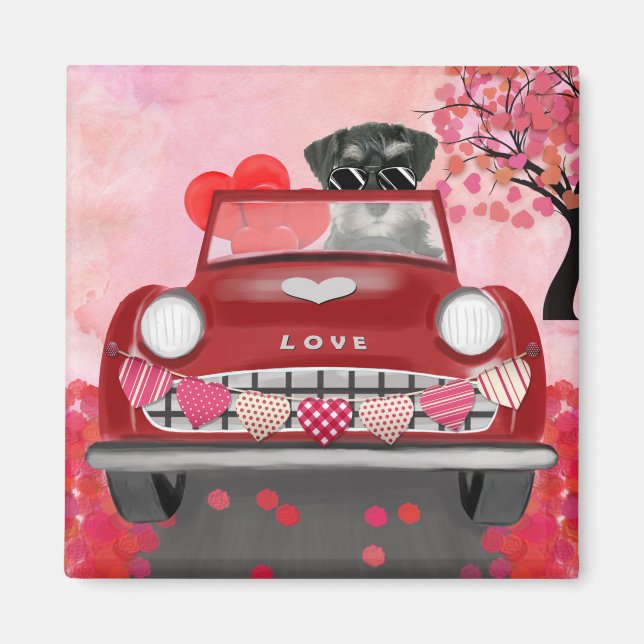 Schnauzer Dog Car with Hearts Valentine's  Magnet (Front)