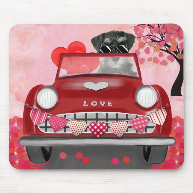 Schnauzer Dog Car with Hearts Valentine's  Mouse Mat (Front)