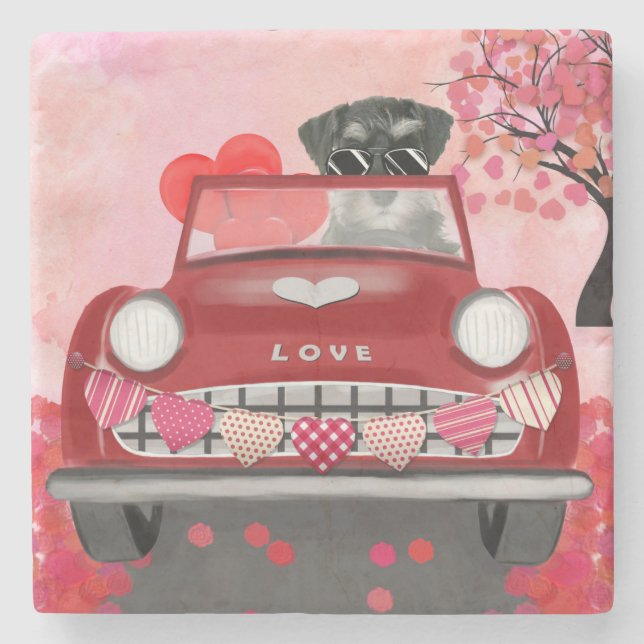 Schnauzer Dog Car with Hearts Valentine's  Stone Coaster (Front)