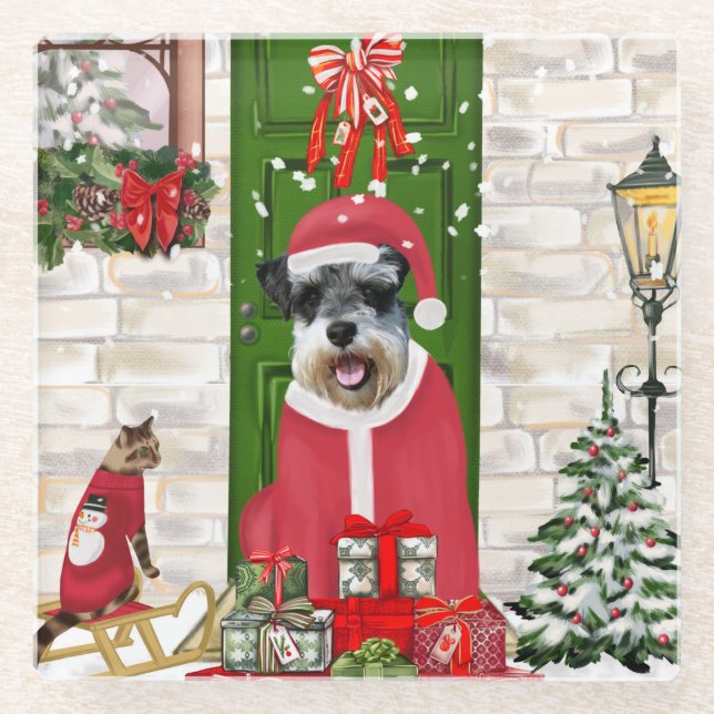 Schnauzer Dog Christmas  Glass Coaster (Front)