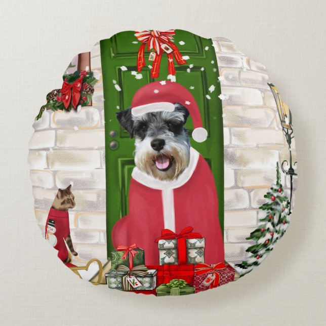 Schnauzer Dog Christmas  Round Cushion (Front)