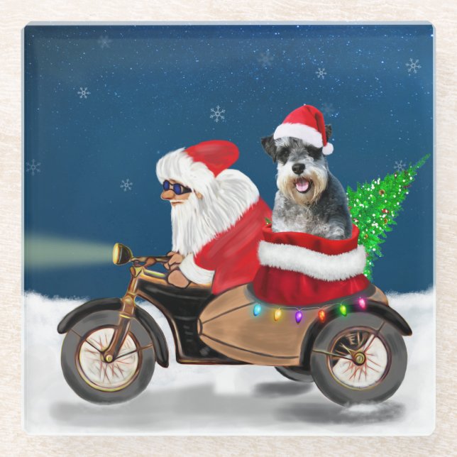 Schnauzer Dog Christmas Santa Claus  Glass Coaster (Front)