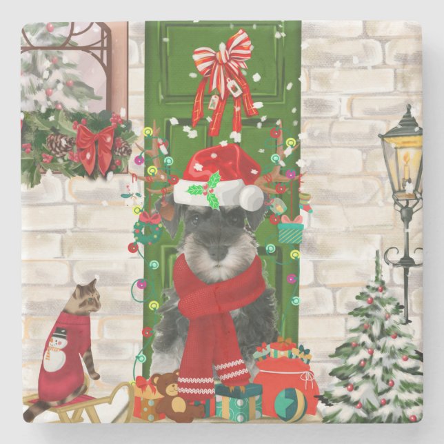 Schnauzer Dog Christmas  Stone Coaster (Front)