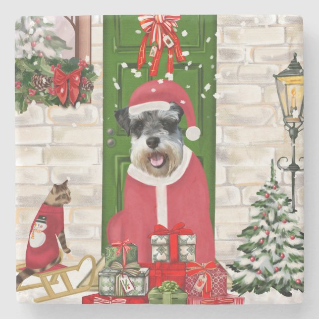 Schnauzer Dog Christmas Stone Coaster (Front)