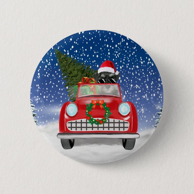 Schnauzer Dog Driving Car In Snow Christmas  6 Cm Round Badge (Front)