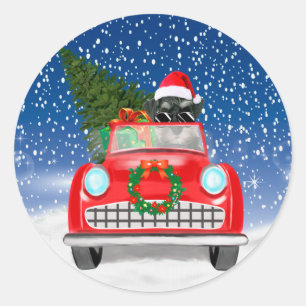 Schnauzer Dog Driving Car In Snow Christmas Classic Round Sticker