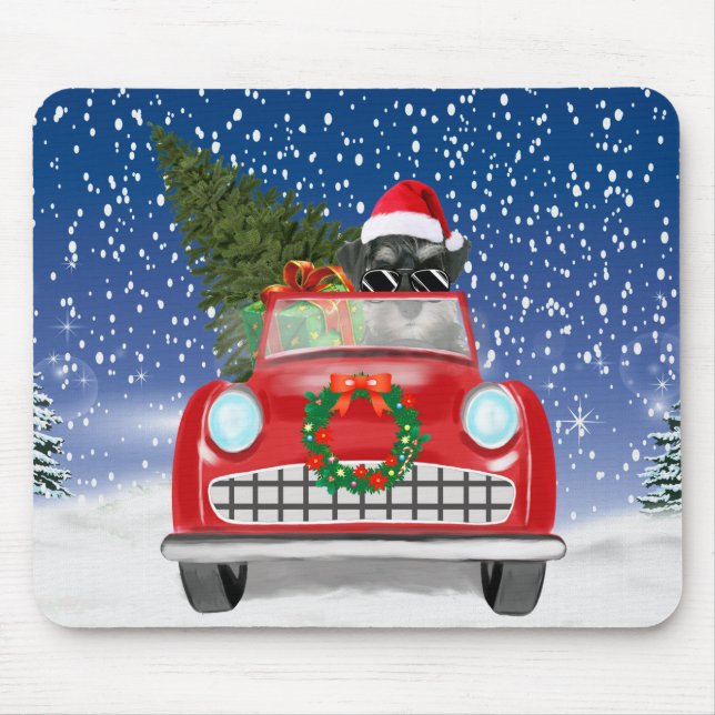 Schnauzer Dog Driving Car In Snow Christmas  Mouse Mat (Front)