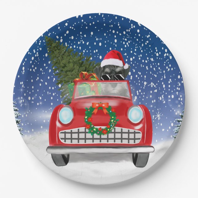 Schnauzer Dog Driving Car In Snow Christmas  Paper Plate (Front)