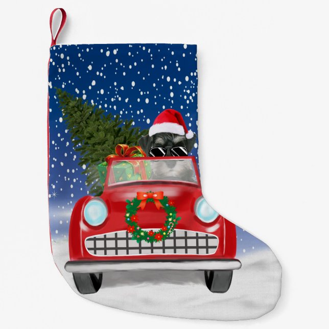 Schnauzer Dog Driving Car In Snow Christmas Small Christmas Stocking (Front)