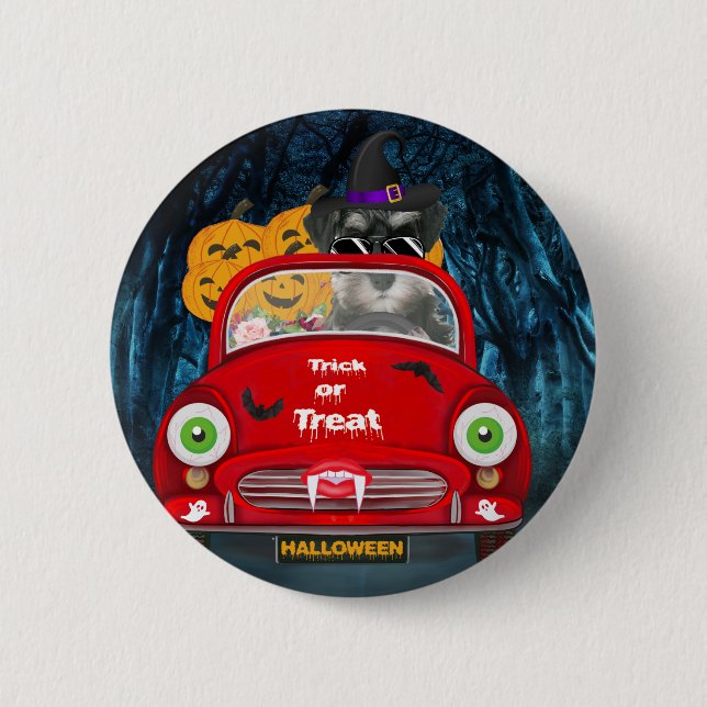schnauzer Dog Driving Car Scary Halloween  6 Cm Round Badge (Front)