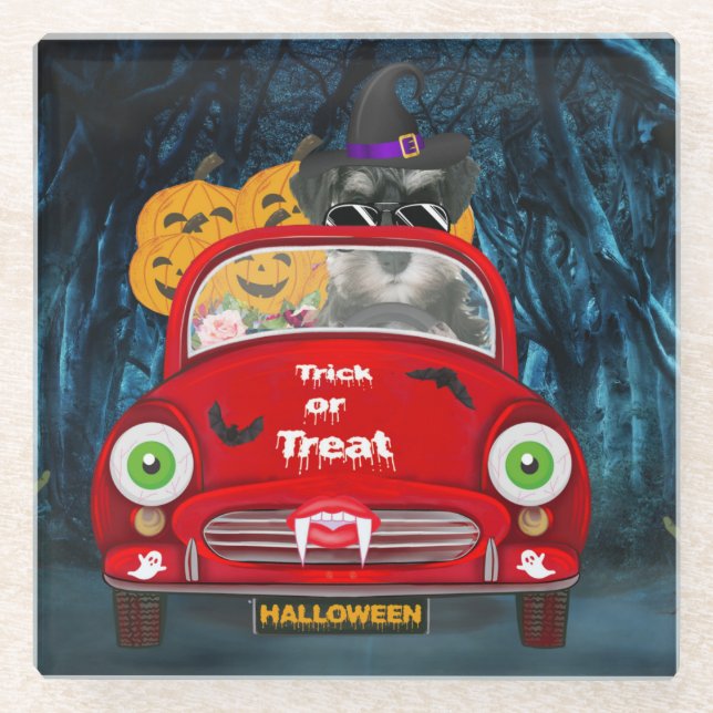 schnauzer Dog Driving Car Scary Halloween Glass Coaster (Front)
