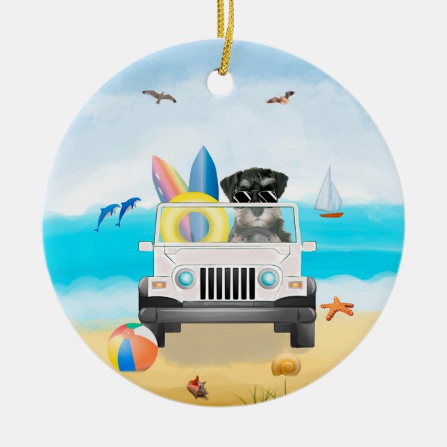 schnauzer dog Driving on Beach  Ceramic Tree Decoration (Front)