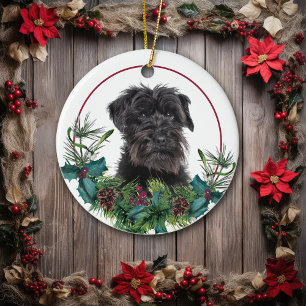 Schnauzer Dog Evergreen Berry Wreath Ceramic Tree Decoration
