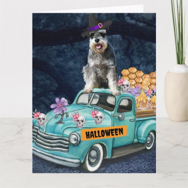 Schnauzer Dog Halloween Truck Scary Night  Card (Front)
