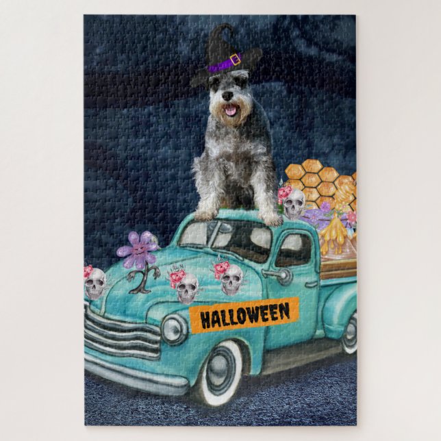 Schnauzer Dog Halloween Truck Scary Night  Jigsaw Puzzle (Vertical)