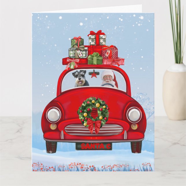 schnauzer Dog In Car With Santa Claus Card (Front)
