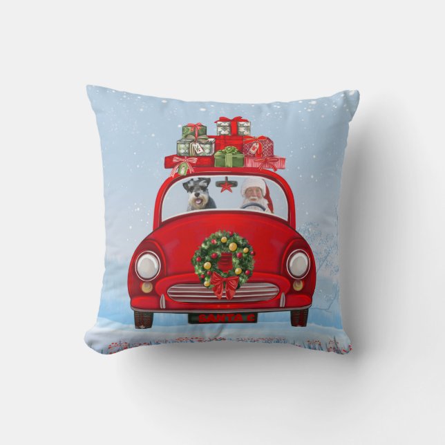 schnauzer Dog In Car With Santa Claus Cushion (Front)