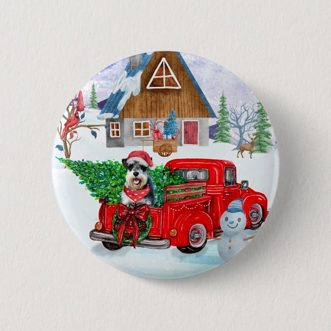 Schnauzer Dog In Christmas Delivery Truck Snow 6 Cm Round Badge (Front)