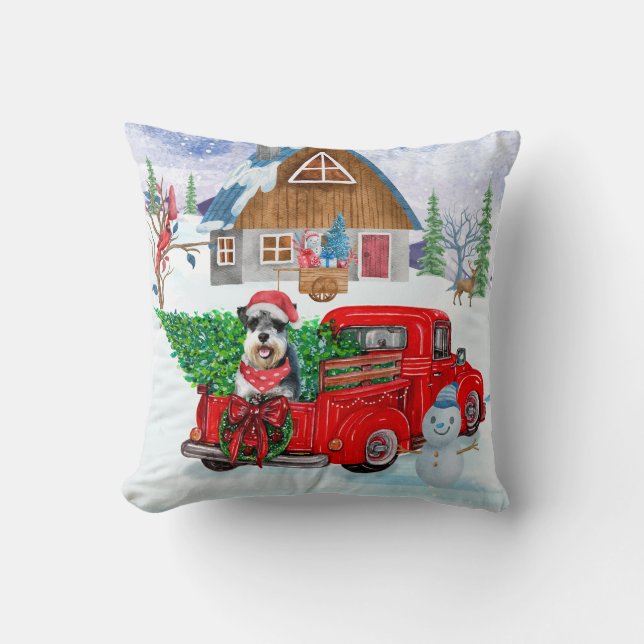 Schnauzer Dog In Christmas Delivery Truck Snow Cushion (Front)