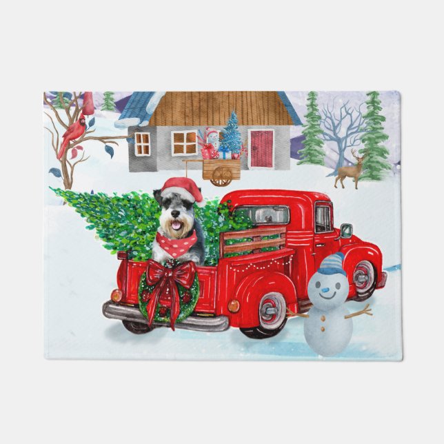 Schnauzer Dog In Christmas Delivery Truck Snow Doormat (Front)