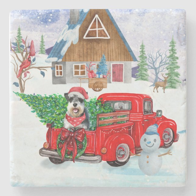 Schnauzer Dog In Christmas Delivery Truck Snow Stone Coaster (Front)