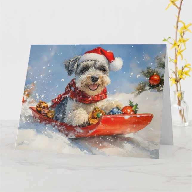 Schnauzer Dog in Sledge Let it Snow Christmas Card (Yellow Flower)