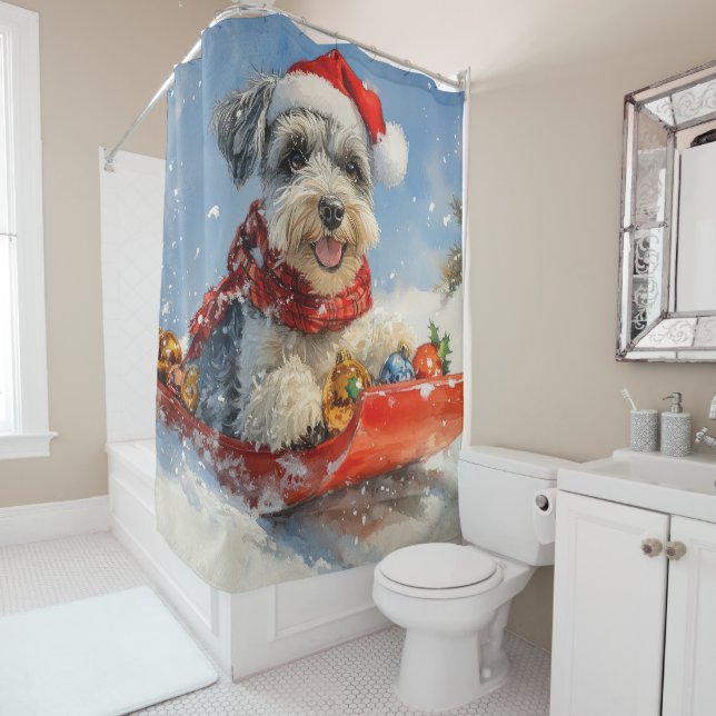 Schnauzer Dog in Sledge Let it Snow Christmas Shower Curtain (In Situ)