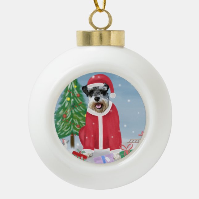 Schnauzer Dog in Snow Christmas  Ceramic Ball Christmas Ornament (Front)