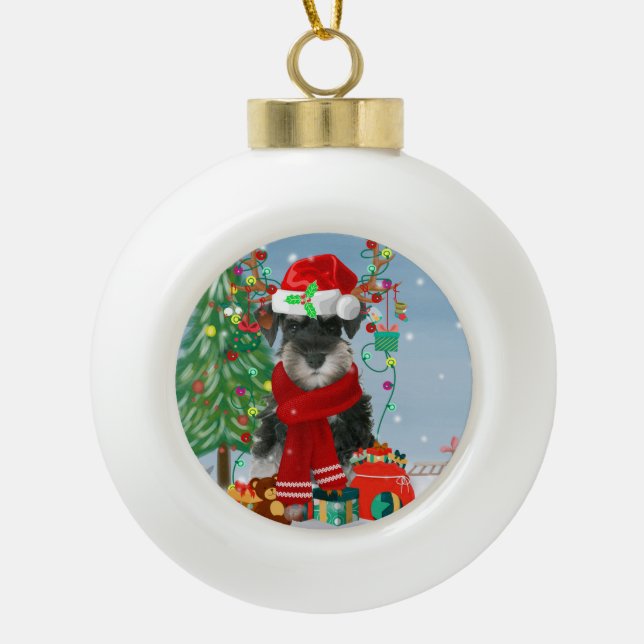 Schnauzer Dog in Snow Christmas  Ceramic Ball Christmas Ornament (Front)