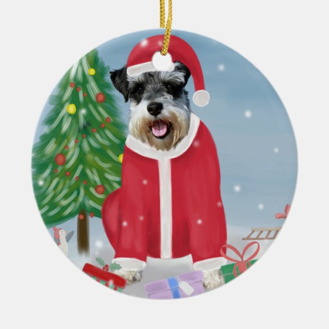 Schnauzer Dog in Snow Christmas  Ceramic Tree Decoration (Front)