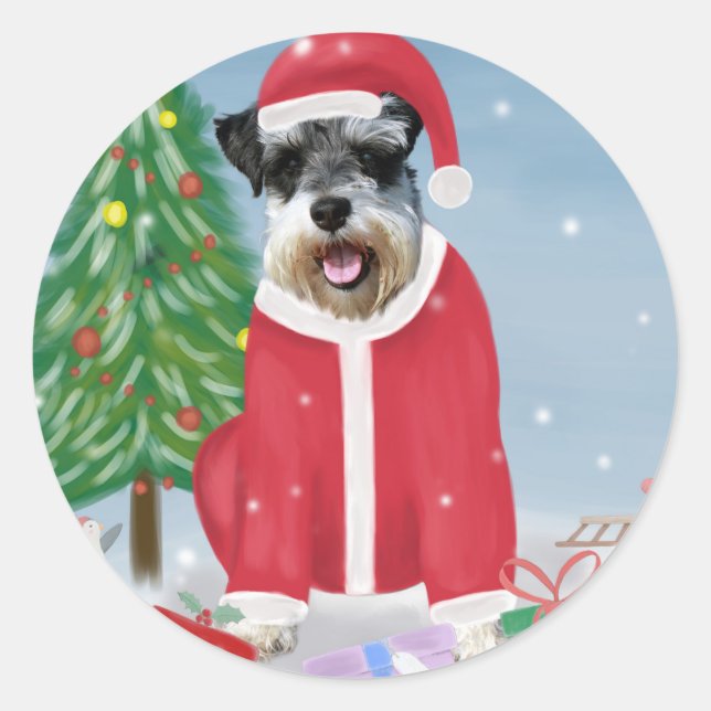 Schnauzer Dog in Snow Christmas  Classic Round Sticker (Front)