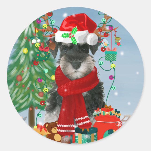 Schnauzer Dog in Snow Christmas Classic Round Sticker (Front)