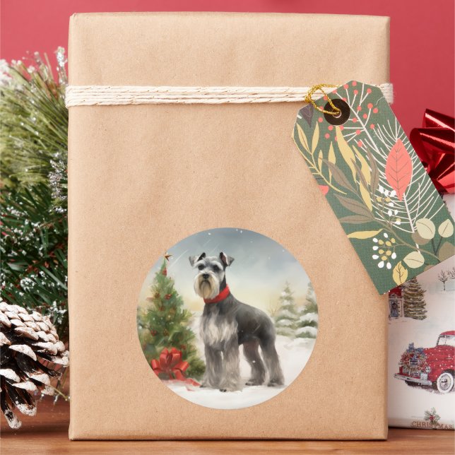 Schnauzer Dog in Snow Christmas Classic Round Sticker (Holiday)