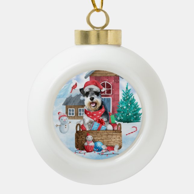 Schnauzer Dog In snow Christmas Dog House Ceramic Ball Christmas Ornament (Front)