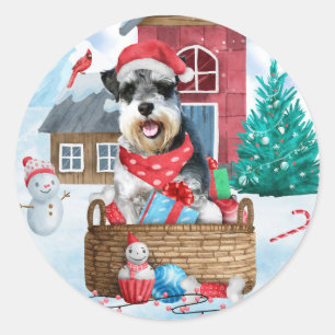 Schnauzer Dog In snow Christmas Dog House Classic Round Sticker