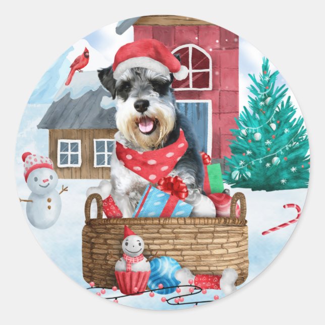 Schnauzer Dog In snow Christmas Dog House Classic Round Sticker (Front)