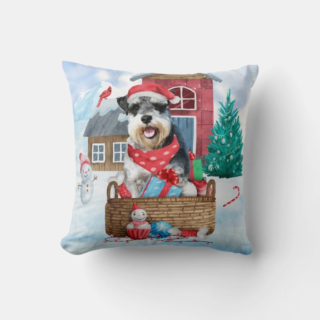 Schnauzer Dog In snow Christmas Dog House Cushion (Front)