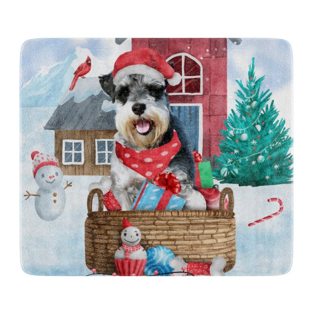 Schnauzer Dog In snow Christmas Dog House Cutting Board (Front)