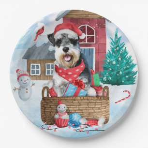 Schnauzer Dog In snow Christmas Dog House Paper Plate