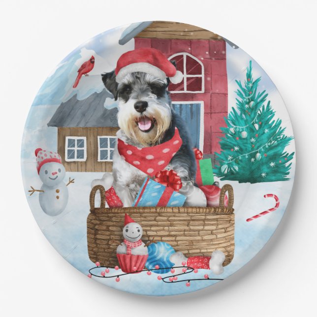 Schnauzer Dog In snow Christmas Dog House Paper Plate (Front)