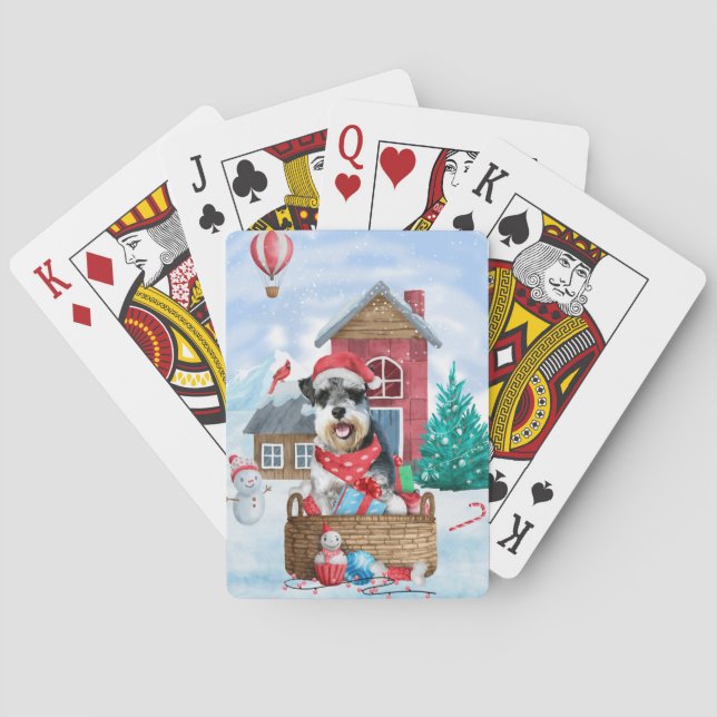 Schnauzer Dog In snow Christmas Dog House Playing Cards (Back)