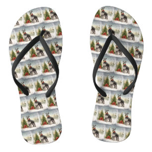 Schnauzer Dog in Snow Christmas Flip Flops
