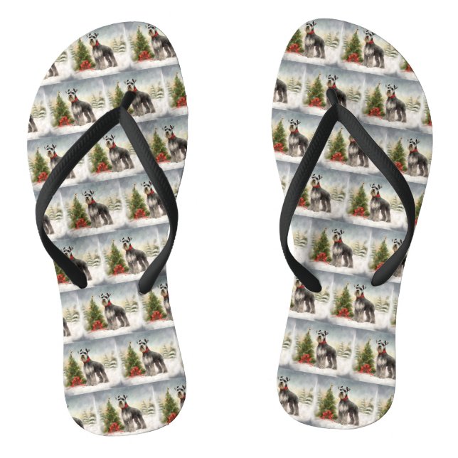 Schnauzer Dog in Snow Christmas Flip Flops (Footbed)