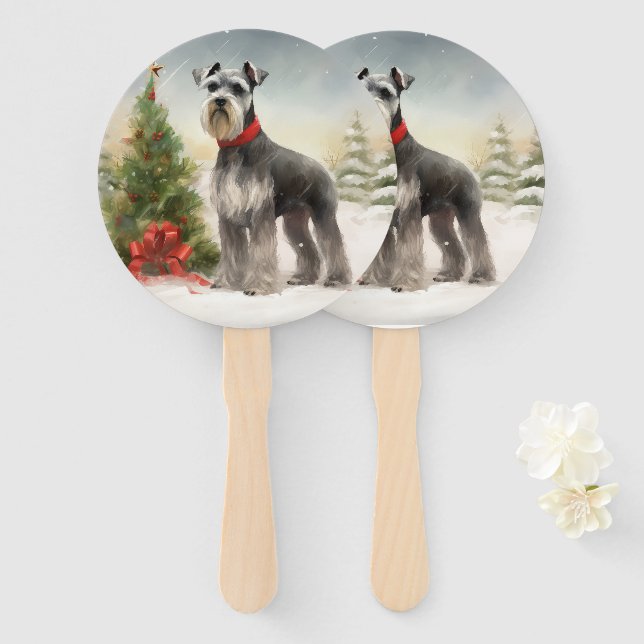 Schnauzer Dog in Snow Christmas Hand Fan (Front and Back)
