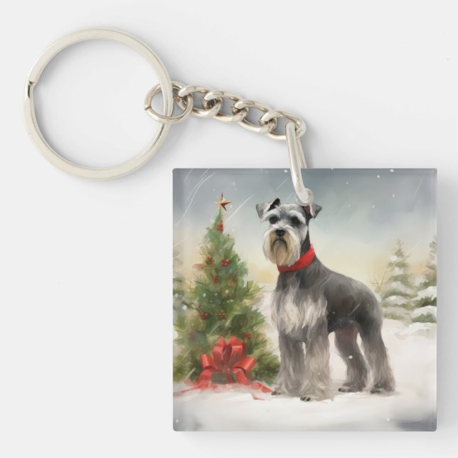 Schnauzer Dog in Snow Christmas Key Ring (Front)