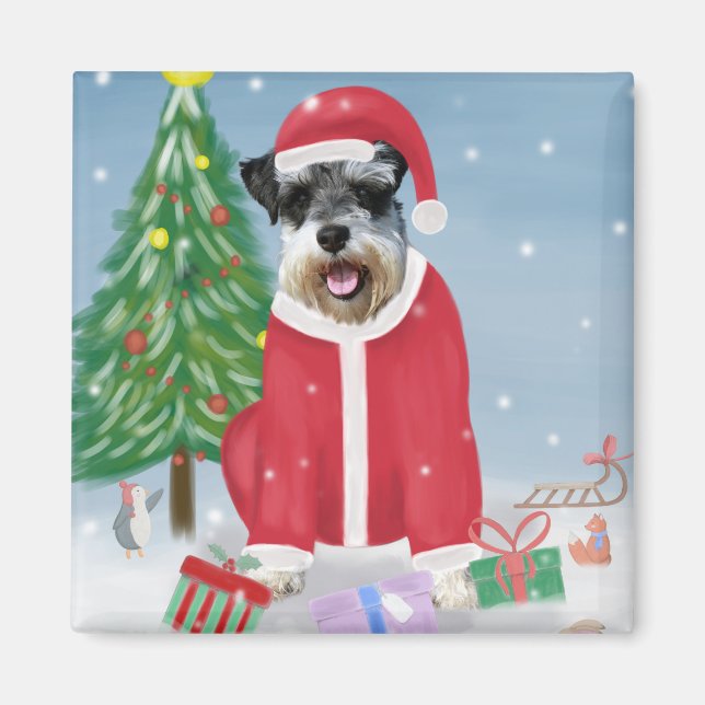 Schnauzer Dog in Snow Christmas Magnet (Front)